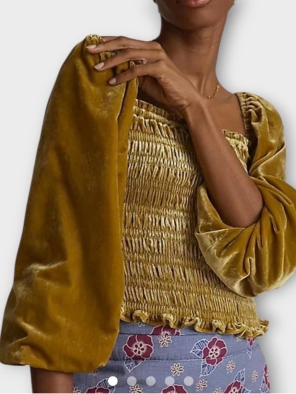 Anthropologie Gold Smocked Body Square Neck Puff Sleeved Velvet Blouse XS - Picture 4 of 11